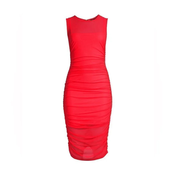 Black Halo Elvia Ruched Mesh Sheath Dress in vivid melon midi small new women’s - Picture 10 of 10
